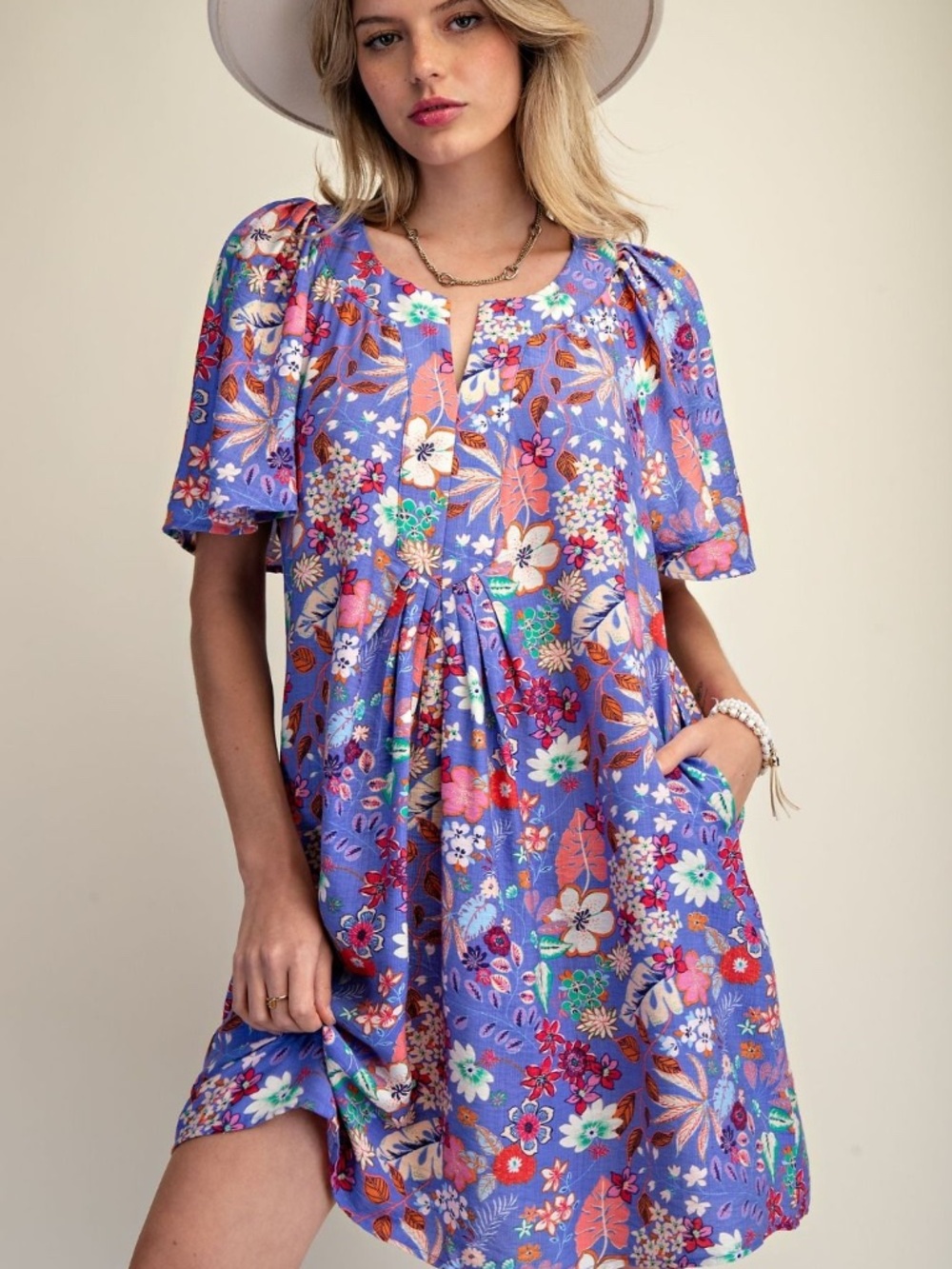 "The Tina" Purple Floral Print Dress with Multicolor Blooms - Picture 1 of 2